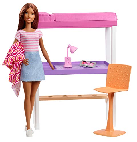 Barbie Mobilier Coffret d'Intérieur Poupée et Lit Superposé Transformable, Accessoires de Bureau Inclus, Jouet pour Enfant, FXG52 Multicolore