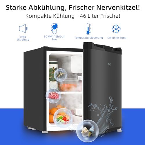 CHIQ Mini Bar Kühlschrank 46 L, Mini Kühlschrank, Temperaturregelung, 80 kWh/Jahr, Sehr Leise 39dB, Büro, Camping, Schlafzimmer, Hotel, Kühlschrank klein, wechselbarer Türanschlag, Schwarz