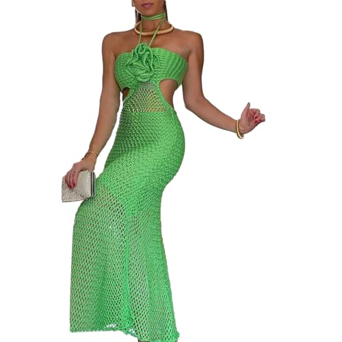 Qianderer Damen Strickkleid, Neckholder, schmale Passform, ausgehöhlter Ausschnitt, ärmellos, durchsichtig, 3D-Blume, einfarbig, langes Kleid für...