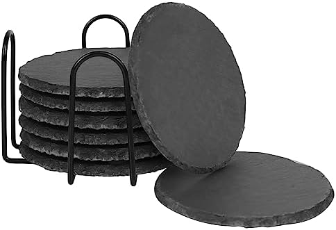 Slate Drink Coasters With Metal Holder, GOH DODD Set Of 8 Black Coasters, 4 Inch Stone Coaster Set Tabletop Protection For Home Outdoor Kitchen Apartment Decor Housewarming Gifts Wedding Party, Square