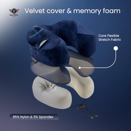 Image of Premium Memory Foam Neck Pillow by ValorX USA for Travelling 360 Neck Support with Ultra-Soft Lightweight Velvet Cover & Free Travel Pouch, Blue