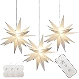 Leejec 13.3' Moravian Star Outdoor Light with Remote Control, Christmas Decorations, Indoor Hanging, Warm White LED Light, Battery Operated with Timer Function, 3-Pack, Tree, Ceiling, Balcony Decor
