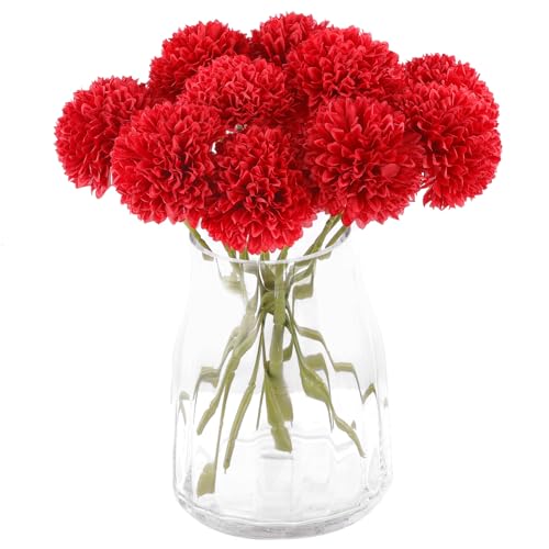 Rowfad Artificial Chrysanthemums Flowers Silk Red Ball Flowers Fake Mums Flowers for Christmas Wedding Floral Table Centerpiece Home Decor (12, Red)