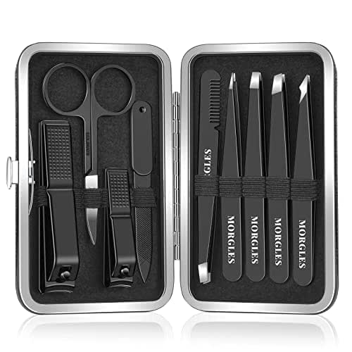 MORGLES Tweezers Set and Nail Clippers, 9 Pcs Stainless Steel
