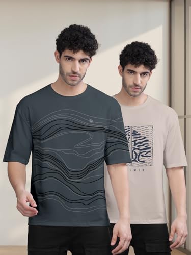 Image of BULLMER Trendy Front and Back Printed Oversized Round Neck T-Shirt for Men - Pack of 2