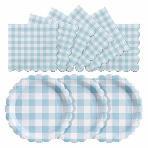 Yahnwo 40PCS Blue Scalloped Paper Plates and Napkins 9 inch Gingham Plates Baby Shower Plates and Napkins Party Decorations for Dessert Baby Shower Wedding Birthday Serve 20 (Blue Gingham)