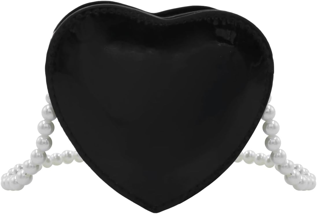 AMPOSSTO Girls Mini Bowknot Heart-Shaped Crossbody Bag Shiny Laser Coin Purse Handbag with Pearl Chain Cute Shoulder Bag