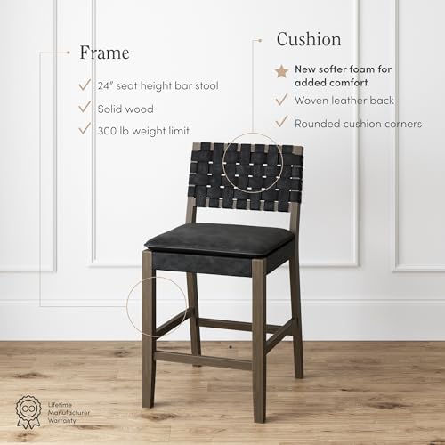 Image of Nathan James Cohen Mid-Century Modern Suede Bar Stool, Counter Height Chair in Solid Wood Frame with Footrest and Woven Suede Back for Kitchen, Black, Set of 4
