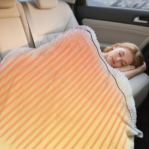 WOOMER 12V Electric Throw Blanket for Car Soft Faux Fur & Cozy Sherpa with 2 Output USB Ports (1A +1 C) 4 Heating Levels & 4 Hours Auto Off Machine Washable 59 X 43 Beige