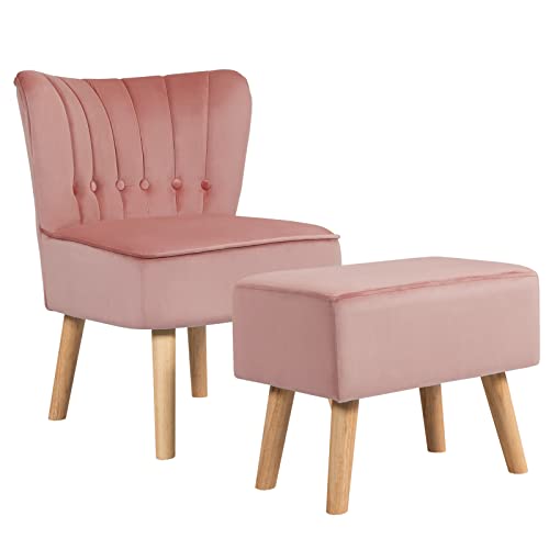 RELAX4LIFE Fauteuils avec Repose-Pied Fauteuils de Salon en Velours Pieds en Bois, Fauteuil d'Appoint avec Dossier et Coussin en Éponge, Charge 110KG, Rose