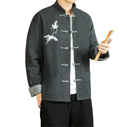 Veste en denim homme col montant boutons grenouille coupe automne