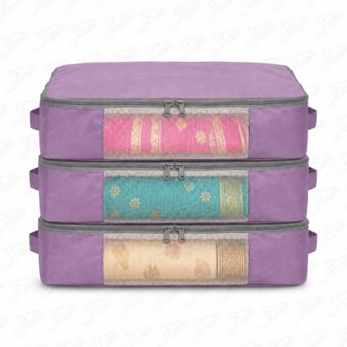 Image of Lukzer Nylon Clothes Storage Box /Saree Cover /Bags with Zip & Mesh Window Foldable Clothes Storage Organizer for Wardrobe /Lehenga /Dress /Shirts /Quilts /Sarees | (45 x 33 x 14.5 cm) Lavender - Pack of 3