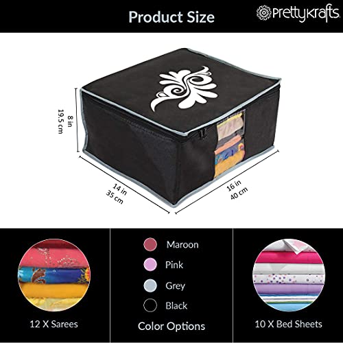 Image of PrettyKrafts Large Saree Cover With Creative Prints, Wardrobe Organiser, Clothes Cover & Storage, Zip Closure and Transparent Window | Clothes Storage Bag | Set of 6, Black | Size: 40 x 35 x 20 cm
