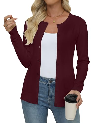 Yincro Womens Lightweight Crewneck Cardigan Long Sleeve Soft Knit Cardigans Sweater (Burgundy XL)