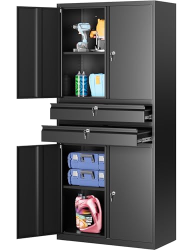 Image of SISESOL Metal Storage Cabinet with Drawer and Locks,Black Garage Storage Cabinet with Locking Doors and Adjustable Shelves,71 inch Tall Large Metal Cabinets with Magnetic Door for Home,Office,Garage