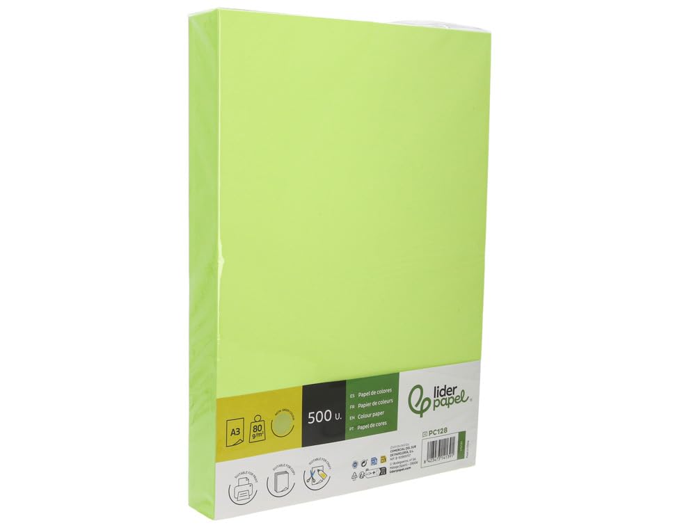 Lederpapel Farbpapier, DIN A4/A3, 80 g, Packung mit 500 Blatt (Neongrün, A3)