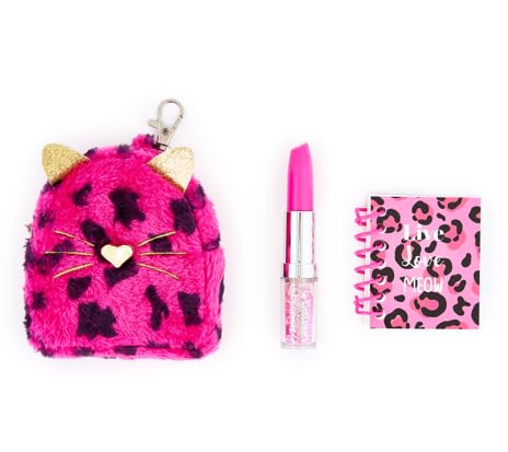 VOTUM Portachiavi con charm leopardato rosa per zaini, borse, borsette, chiavi dell'auto con set di cancelleria - Include mini quaderno, penna gel, gomma, adesivi - Regalo divertente per ragazzi e