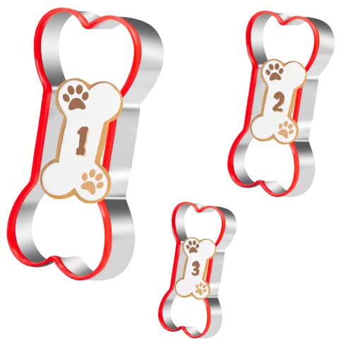 Kaishane Bone Cookie Cutters Set, 3 Pcs Dog Bone Biscut Cutters Set Stainless Steel With Red Environmental Pvc For Diy Baking Fondant Cake Molds Dog Treats - 3.9/3.1/2.4In #TOP13