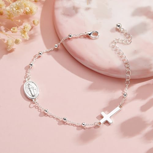Catholic Virgin Mary Cross Bracelet Gifts for Girls Teens Women, Rosary Beads Charm Link Chain Bracelet Christmas Christian Religious Jewelry Gifts