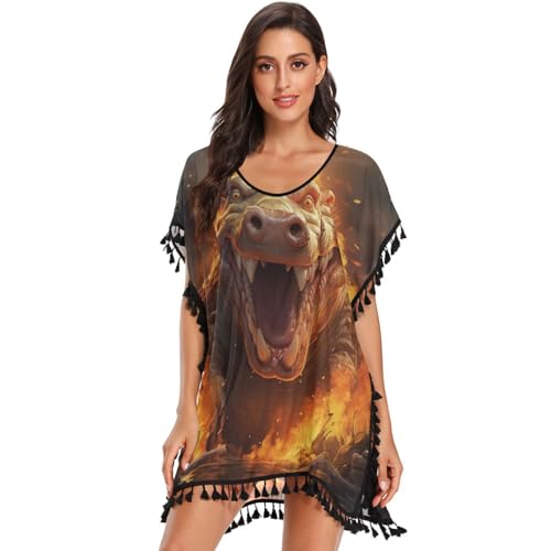 KAAVIYO Angry Cartoon Fire Hippopot Women's Beach Cover Up Chiffon Tassel Swimwear Swimsuit Coverups for Girl