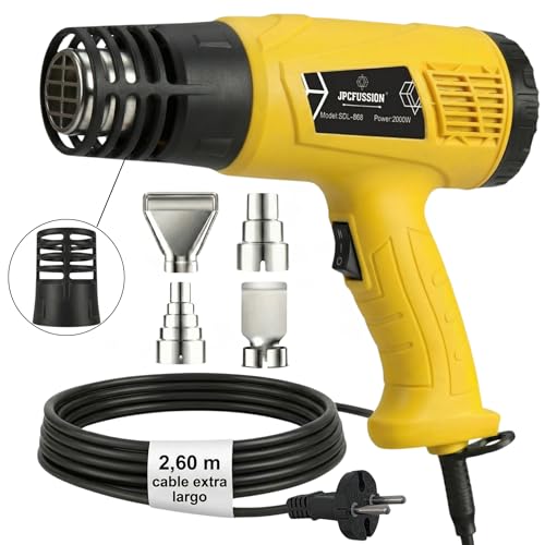 JPCFUSSION® Pistola de Calor 2000W | 2 Niveles de Temperatura 400–600 °C | Pistola de Aire Caliente KIT PREMIUM con Protector Anti-Quemaduras y 4 Boquillas | Manual en Español