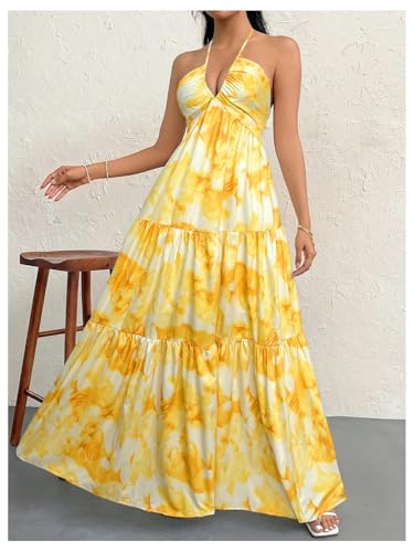 Image of SHENHE Women's Deep V Neck Tie Knot Backless Halter Dress A Line Flowy Ruffle Maxi Dress