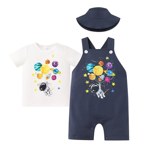 IBTOM CASTLE Toddler Baby Boy First Trip Around the Sun Outfit One Birthday T-Shirt + Short Overalls Jumpsuit + Hat Explorer Clothes Set Cake Smash Photoshoot Newborn Infant Navy Blue 12-18 Months