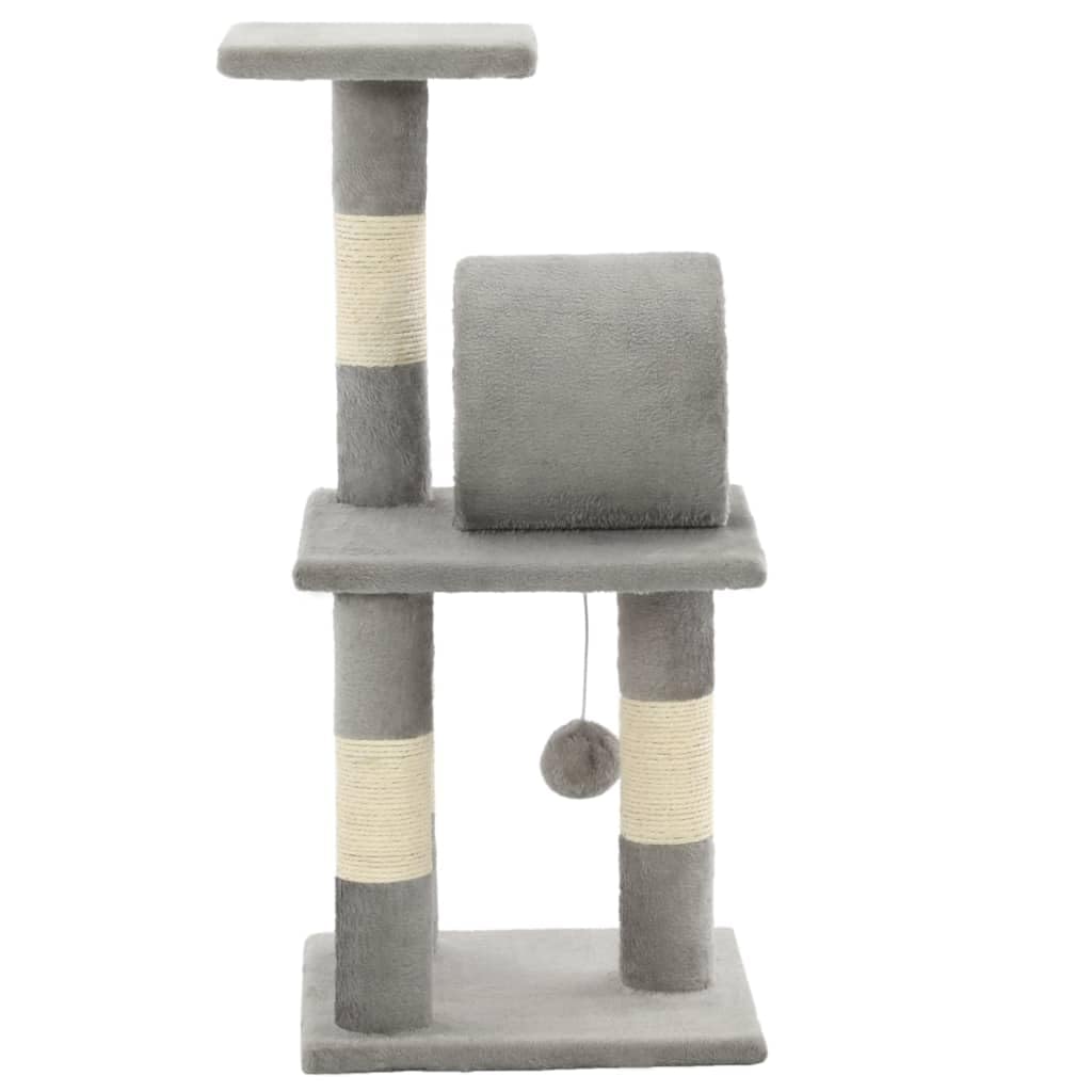 Kratzbaum für Katzen 65 cm grau mit Sisalseil und Teppich, ausgestattet mit Entspannungsbereichen sowie einem hängenden Ball zum Spielen