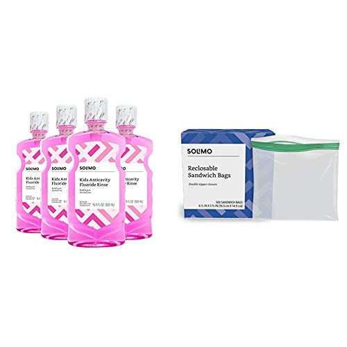 Amazon Brand - Solimo Kids Anticavity Fluoride Rinse, Alcohol Free, Bubble Gum, 500 mL (Pack of 4) & Solimo Sandwich Storage Bags, 300 Count