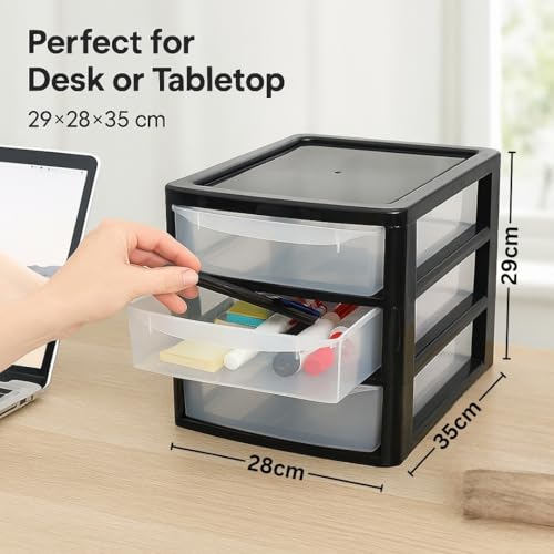 A4 PLASTIC STORAGE DRAWERS DRAW TOWER UNIT OFFICE DESKTOP TABLETOP HOME SCHOOL GARAGE MODULAR & PORTABLE DRAWERS OFFICE DESK ORGANIZER SLIM A4 SIZE 2|3|4|6|8 TIERS (Black/Clear, A4 Slim 3 Drawers) - Image 2