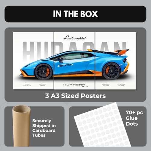 Image of Lamborghini Huracan Poster Split Design Car Posters | 3 A3 Sized Lambo Cars Poster for Wall | Large Size (89 x 42 cm) Lamborghini Wall Decor | Car Posters for Room | Huracan STO Supercar (B 035)