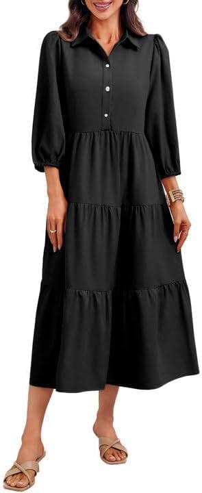 Wenrine Womens Casual 3/4 Sleeve Shirt Dress Button Down V Neck Tiered Collared Flowy Maxi Dress - Image 2