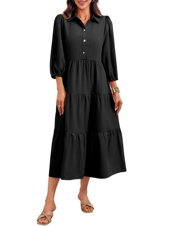 Image of Wenrine Womens Casual 3 /4 Sleeve Shirt Dress Button Down V Neck Tiered Collared Flowy Maxi Dress