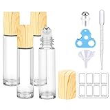 bofessor Essential Oil Roller Bottles, 10ml Clear Glass Roller Bottles with Bamboo Lids, Opener, Pipettes, Plastic Funnel, 8 Stickers, 4 Pack Refillable Container for Perfume with Wooden Lids