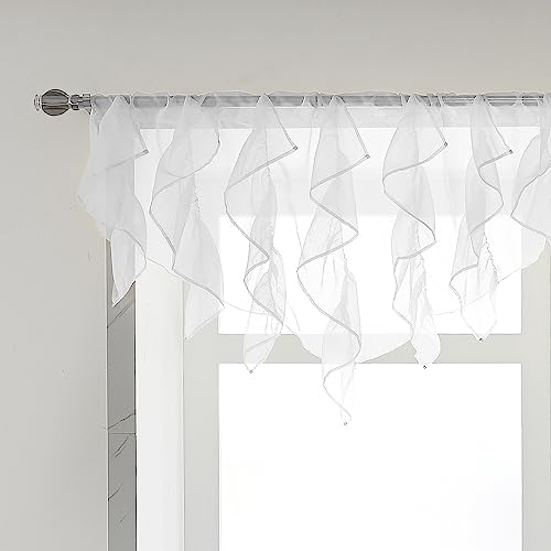 PearAge Ruffled Voile Semi Sheer Curtain Valance, Kitchen Living Room Shabby Chic Ruffle Valance Curtains, Girls Daughters Bedroom Cascade Window Valance 50×16 Inches (White-Triangle)