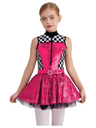 Girls Racer Cheer Leader Uniform Sequined Sleeveless Leotard with Checkered Tutu Skirt Outfit Hot Pink 4 Years