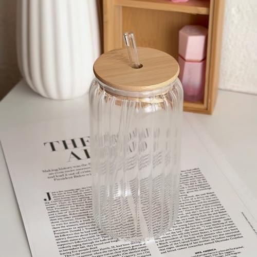 Image of Drinking Ribbed Glasses Tumbler with Bamboo Lid and Straw (Pack of 2), 400ml Travel Cocktail Glass Sipper Bottle for Juice Boba Iced Tea Coffee Hot Cold Drink Cup