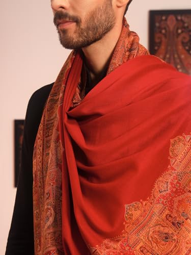 Image of Pashmoda Men Arcadia Borders Jamawar Shawl, Stole and Wrap, Sustainable and Natural Fabric, Heritage Kashmiri Pashmina, Medium Size for Gents, (Size 40x80 Inches)