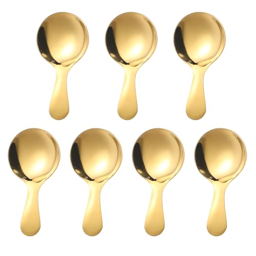 7 PCS Golden Short Handle Spoons Scoops Stainless Spoons Mini Scoops for Canisters Small Coffee Scoops Candy Scoops for Salt Sugar Condiments Coffee Tea Dessert