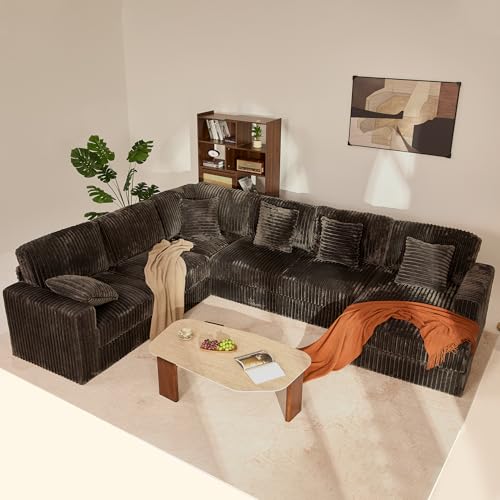 Cloud Couch 139' U-Shaped Sectional Sofa, Oversized 7-Seater Modular Couch with Corduroy Upholstery, Deep Seats, High Backrest & Pocket Spring Cushions for Living Room, Right Facing Chaise, Grey