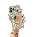 CrazyLemon 適用 iPhone 16 可愛い ケース キラキラ クリア ラインストーン おしゃれ スクエア ミラー 鏡面 化粧鏡 デザイン スタンド付き ストラップ付き かわいい 贅沢 豪華風 レディース 女性用 人気 アイフォン16 シリコーン ケース (Luxury Glitter Mirror Case)