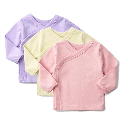 SYCLZ Unisex-Baby 100% Cotton Long Sleeve Side-Snap Shirts Soild Color Kimono Tees 0-12M (6-12M, Pink/Purple/Yellow)