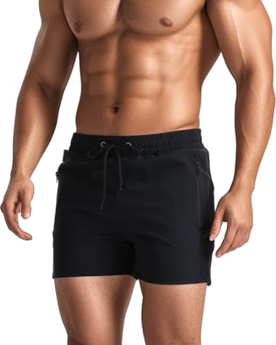 JIHUILAI Men's Swim Trunks with Elastic Mesh Lining Slim Fit Quick Dry Mens Bathing Suit 5 Inch Inseam Zipper Pockets XS-2XL