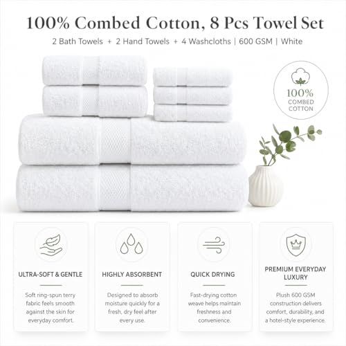Image of Sulfar 100% Combed Cotton, 8 Pcs Towel Set - 2 Bath Towels (70 x 140 cm), 2 Hand Towels (40 x 70 cm) and 4 Washcloths (30 x 30 cm) (600 GSM, Pack of 8) White