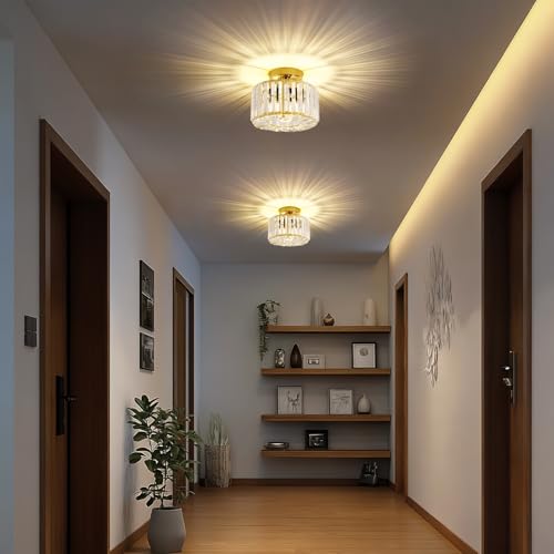 Image of FRIDEKO HOME Crystal Ceiling Light - Gold Small Chandelier Semi Flush Mount Ceiling Light Fixture Modern Lights for Hallway Bathroom Kitchen Entryway (9.05 Inch, Bulb not Included)