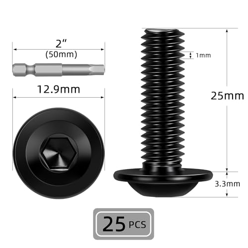 Image of M6-1.0 x 25mm 25 PCS Flanged Button Head Socket Cap Bolts Screws, Stainless Steel 304, Allen Socket Drive, Screwdriver Bit Included, Black Finish, Fully Machine Thread