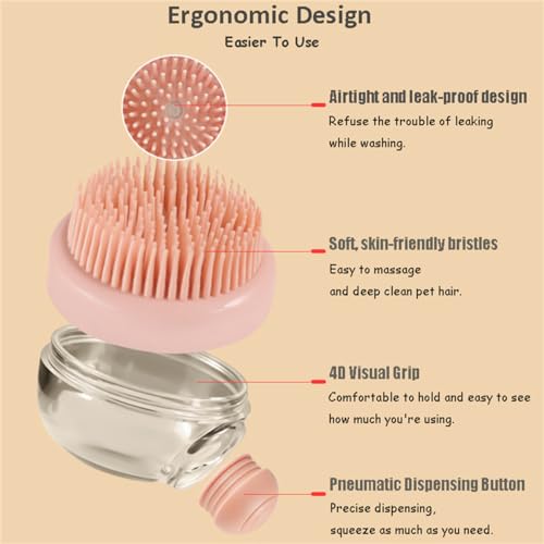 Image of Dog Cat Bath Brush, Pet Shower Massage Brush with Soap Shampoo Dispenser Pet Grooming Massage Rubber Multifunctional Pet Beauty Cleaning Brush Soft Bristle for Long Short Haired Dog Cat Shower, Pink