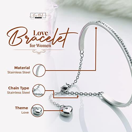 Five Rock Style” Beautiful Stainless Steel Silver Adjustable Heart Dangle Clasp Bracelet Bangle In Gift Box, Jewelry For Women, Girls, Teens With Select Crystals #TOP1
