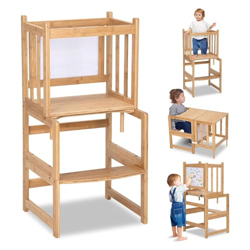 COSYLAND Tour d'apprentissage Pliable 3 en 1 pour Enfants - Bambou Naturel - Protection élégante...