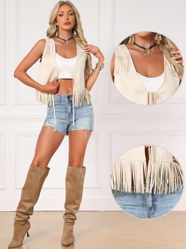 Image of Allegra K Fringe Vests for Women's Cowgirl 70s Sleeveless Country Concert Western Faux Suede Tassel Vest Top